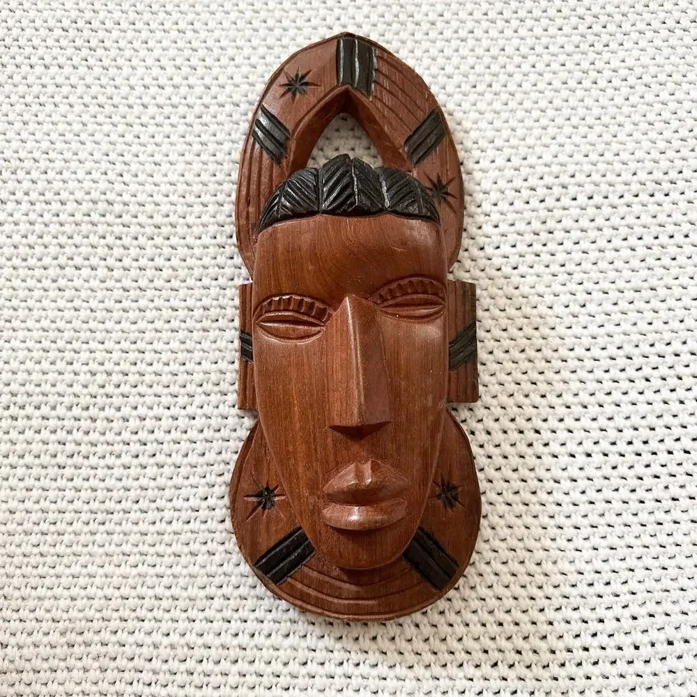 Tribal Primitive Ethnic Long Hand Carved Wooden Face Mask Stars Halo African Vtg